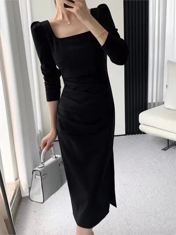 vmtvr Party Dresses Women Long Sleeve Streetwear French Style Dress Office Lady Solid Midi Zipper New Autumn Vestidos Female Mujers