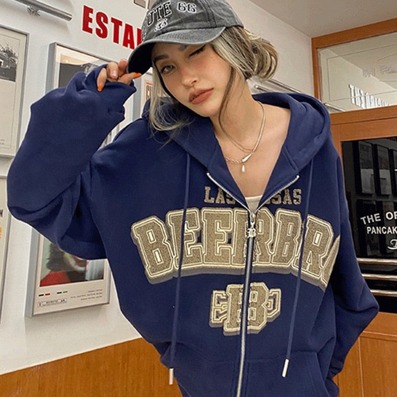 -Fall Outfits Long Sleeve Top  Vintage Oversized Hoodies Women Letter Printing Zip Up Sweatshirts Streetwear Casual Long Sleeve Hooded Sweatshirt Clothes Top