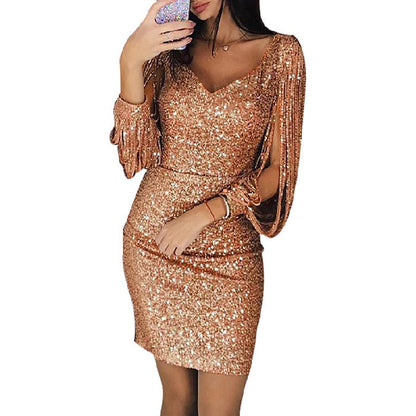 Sexy Women's Party Solid Dresses Sequined Stitching Shining Club Bodycon Long Sleeved Mini Dress Women Casual Fashion Vestidos