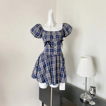 vmtvr  -  Y2K Plaid Short Dresses for Women Princess Birthday Party Dress Puff Sleeve Square Collar Bow Prom Summer Mini Vestidos Mujer