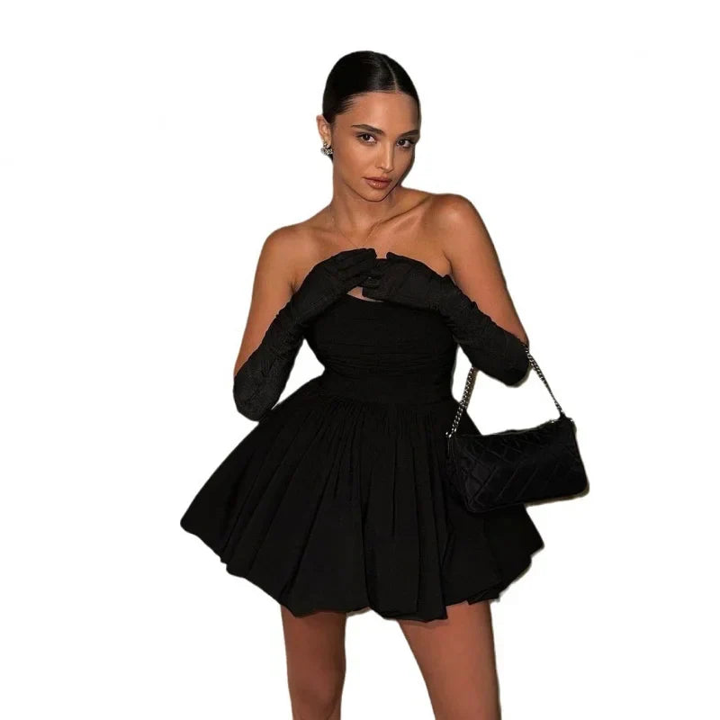 New Sexy Nightclub Birthday Party Dress Sweet Tube Top Short Skirt Hepburn Style Pleated Black DressALine Skirt Women Dress