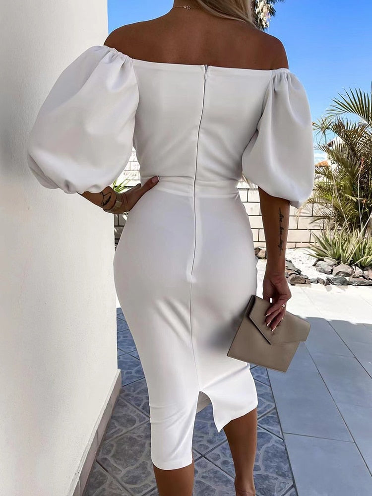 vmtvr Summer Sexy Off Shoulder Bodycon Party Dress Women Spring Solid Slim Office Midi Dress Elegant Puff Sleeve Female Dress Vestidos