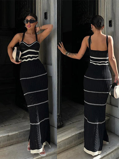 vmtvr  -  Sexy Hollow Out Spaghetti Strap Long Dress Women Elegant  Contrasting Knitted Backless Side Slit Robe Holiday Party Maxi Dresses