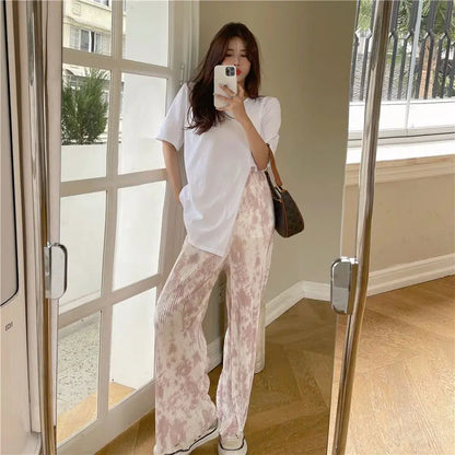 vmtvr Korean Fashion Women Tie Dye Pleated Wide Leg Pants Spring Summer Elastic High Waist Versatile Loose Straight Casual Trousers