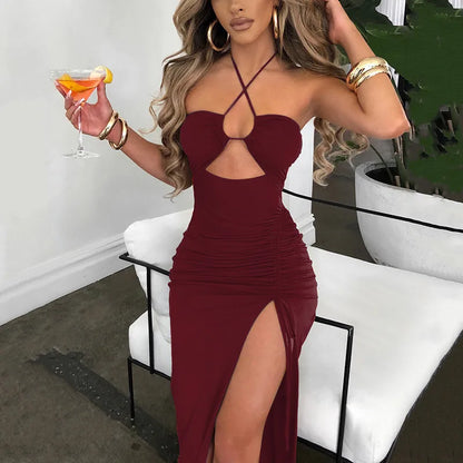 vmtvr Sexy Dress Women Summer Sleeveless Backless Hollow Out Slim Party Dresses Fashion Streetwear Casual Bodycon Elegant Split Dress