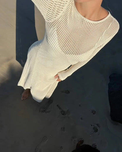 Elegant Hollow Out Knit Maxi Dress for Women  Summer Beachwear Holiday Long Sleeve Cover-Ups Long Dresses