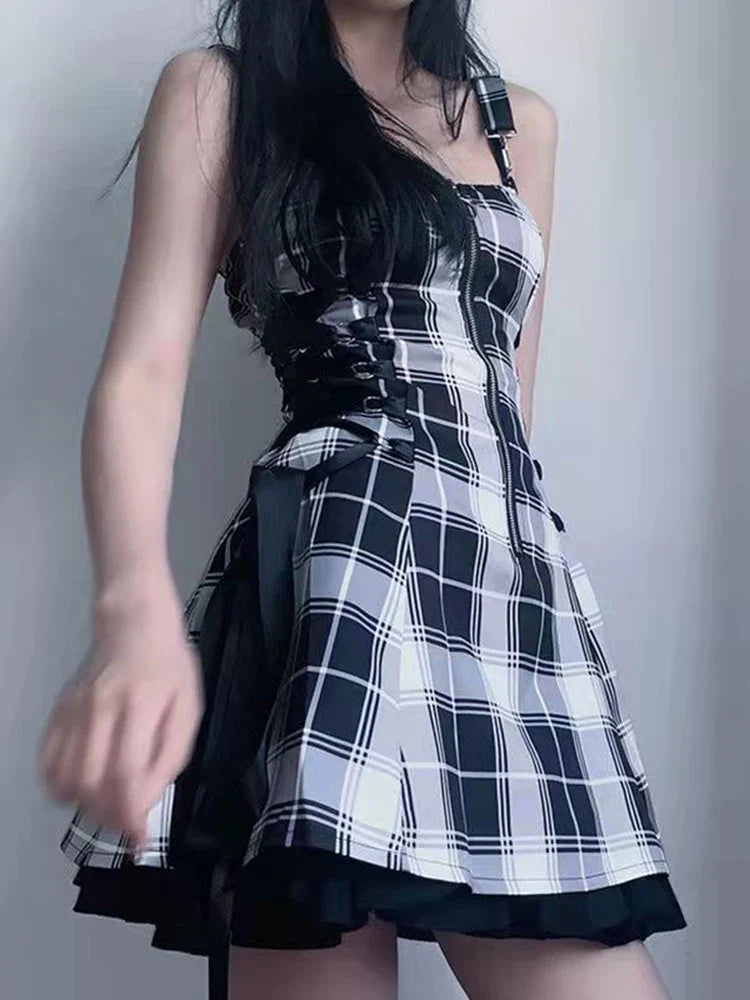 vmtvr  -  Kawaii Lolita Plaid Mini Dress Gothic E Girl Y2k Dresses Ulzzang Sweet Aesthetic Sets Sundress Fairy Grunge Cute Mall Dresses