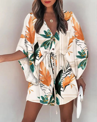 vmtvr 2023 Summer Boho Dresses Women Casual Flora Print Batwing Sleeve Lace-Up Dress Sexy V Neck Loose Ladies Beach Mini Dress Vestido