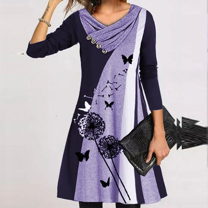 vmtvr - Fashion Long Sleeve V Neck Midi Dress Autumn Ladies Button Splicing Loose Dress New Vintage Geometric Puzzle Print A-line Dress