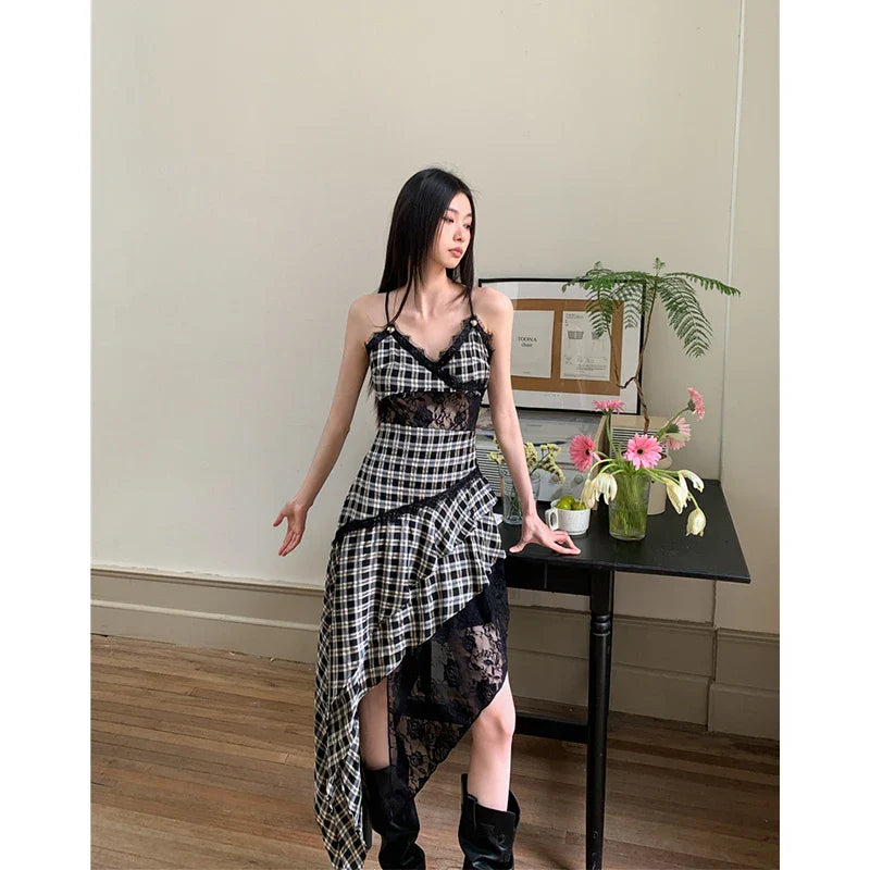 vmtvr  -  Summer Spaghetti Strap Plaid Midi Dress Women Banquet Lace Gyaru 2000s Aesthetic Vintage Irregular Frocks Party One-Piece