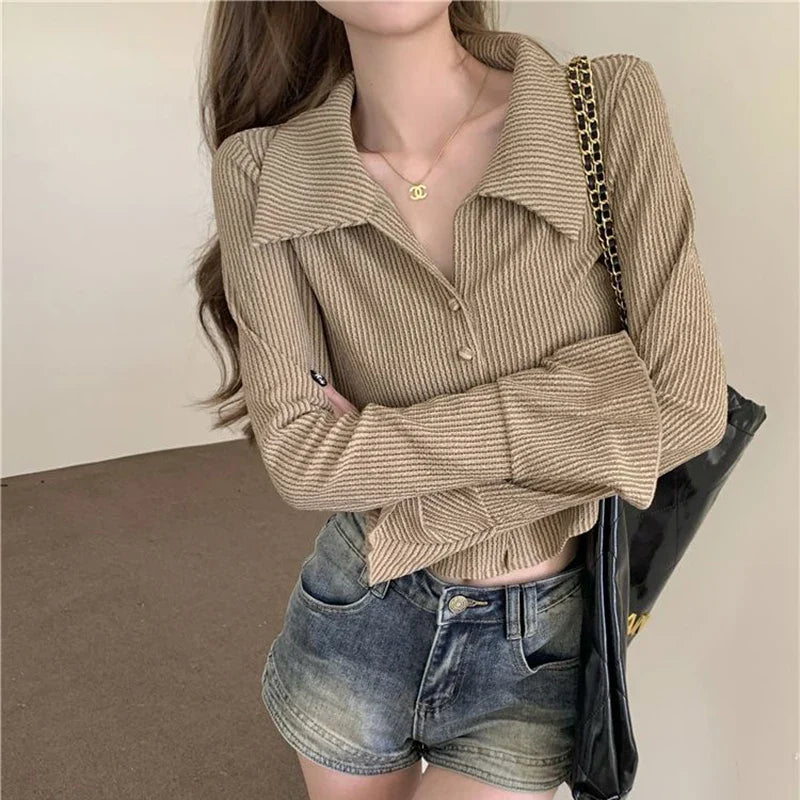 vmtvr Harajuku Striped Women Shirts Korean Fashion Flare Sleeve Sexy Cropped Tops Summer All Match Female Streetwear Slim Shirts