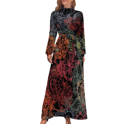 vmtvr - Ethnic Bohemia Dress Retro Floral Print Basic Beach Dresses Female Long Sleeve High Neck Elegant Long Maxi Dress