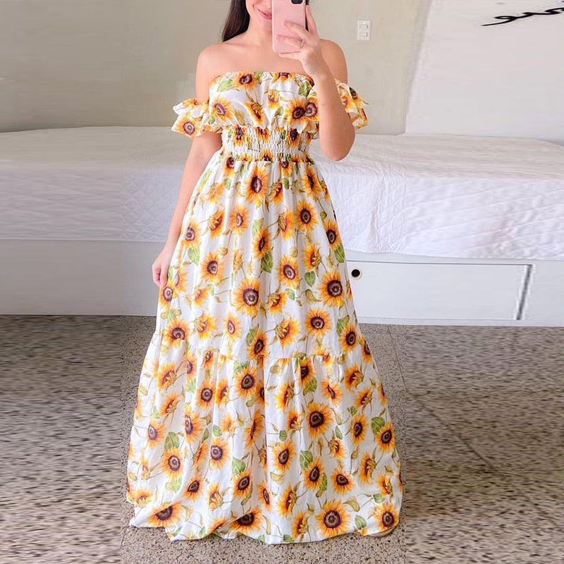 vmtvr Sexy Off The Shoulder Tube Top Dress Butterfly Rainbow Floral Print Dress Ladies Elegant Slim Summer Bohemian Party Maxi Dresses