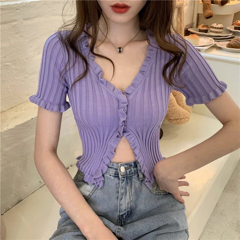 vmtvr Vintage Ruffles Women Knitted T Shirts Summer Korean Short Sleeve Crop Tops Button Up Sexy V Neck Cardigan Female Tees