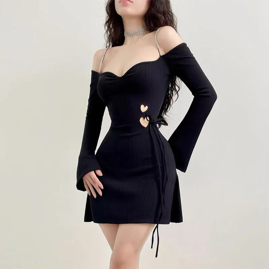 vmtvr Black Sexy Women's Dress Autumn Long Sleeves Streetwear Off Shoulder Hollow Out Casual Dress Club Party Elegant A-LINE Dresses