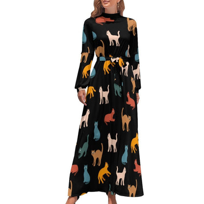 vmtvr - Cute Cats Print Dress Funny Animal Elegant Printed Maxi Dress High Waist Long-Sleeve Street Fashion Bohemia Long Dresses