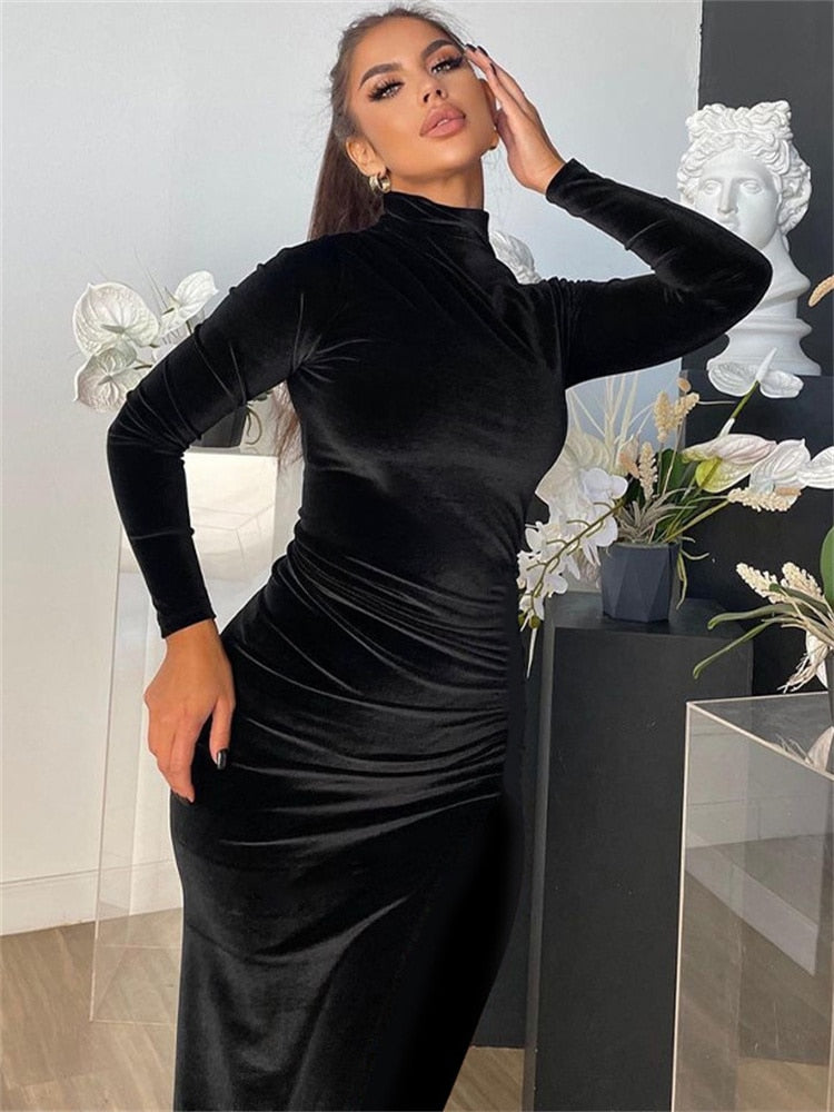 vmtvr - Sexy Bodycon Maxi Velvet Dress Women Birthday Party Dress Turtleneck Zip Up Long Sleeves Black Dress