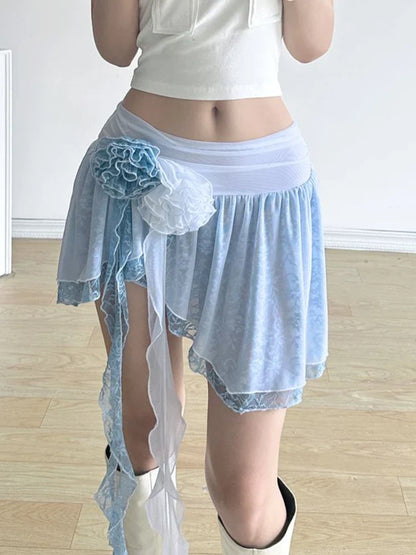 vmtvr French Lace Irregular Mini Skirts Office Lady Causal Hot Girl Slim Short Skirts 2024 Summer Korean Fashion Rose A-Line Skirts