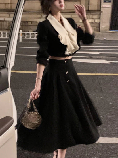 vmtvr Elegant 2 Piece Dress Set Women Long Sleeve Crop Tops + Casual Black Midi Skirt Autumn Slim Retro Office Lady Korean Suits