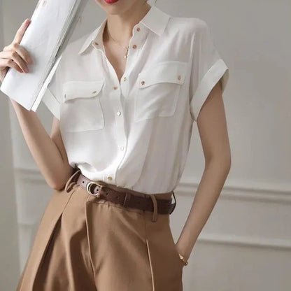 vmtvr Y2K Women Chiffon White Shirt Summer Fashion Metal Button Female Loose Tops Korean Casual Office Ladies Double Pocket Blouse