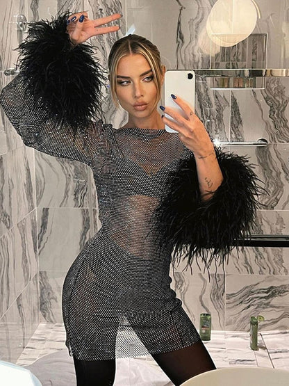 vmtvr Fall Party Dresses For Women Fashion Sexy Feather Patchwork Long Sleeve Mesh Dress Women Autumn See-through Bodycon Package Hip Party Night Club Dresses