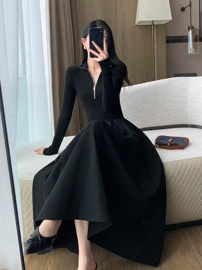 vmtvr  -  Korean Vintage White Long Sleeve Knitted Midi Dresses for Women Autumn Casual Fashion Slim Elegant Party Female Clothing