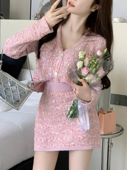 vmtvr Two Piece Dress Set Sweet Cardigan Sweater + Slim Skirt Pink Elegant Y2k Mini Dress Autumn Office Lady Casual Knitted Suits