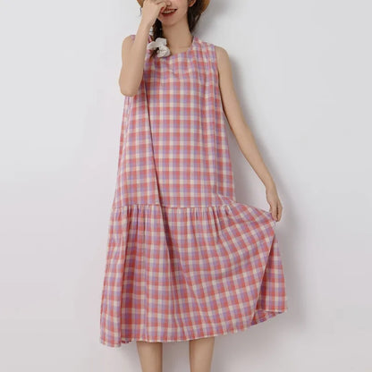 vmtvr  -  Original Plaid Sleeveless Cotton Linen Vest Dress Spring and Summer Women O-neck Mori Style Casual Loose OneSize Holiday Dress