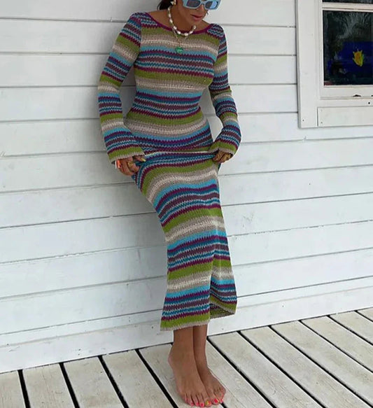 vmtvr  -  Colorful Knitted Women Dresses O Neck Stripe Rainbow Female Dress 2024 Fashion Long Sleeve Backless Casual Elegant Lady Vestidos