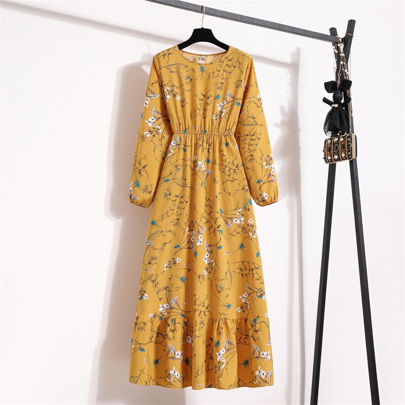 Women Maxi Dresses Spring Summer Casual Solid Full Sleeve Floral Printed O-neck Woman Bohe Beach Party Long Dress Mujer Vestidos