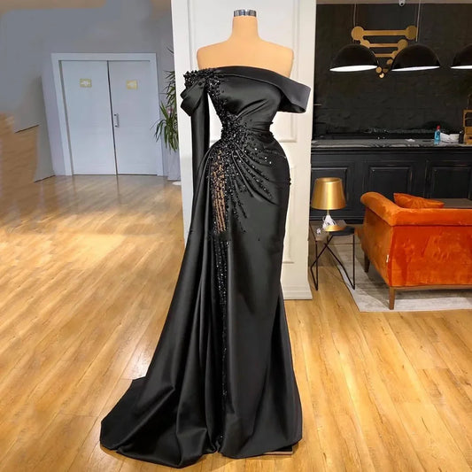 vmtvr  - Black Elegant Off the Shoulder Crystal Mermaid Prom Gown Sequined Satin Pleat Floor-Length Formal Evening Dress