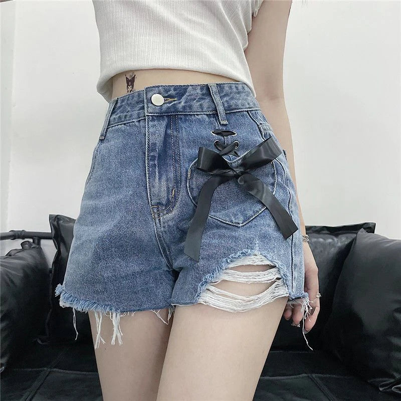 vmtvr High Waist Women Denim Shorts Summer Fashion Bow Loose Shorts Korean Casual Female Streetwear All Match Ripped Pants