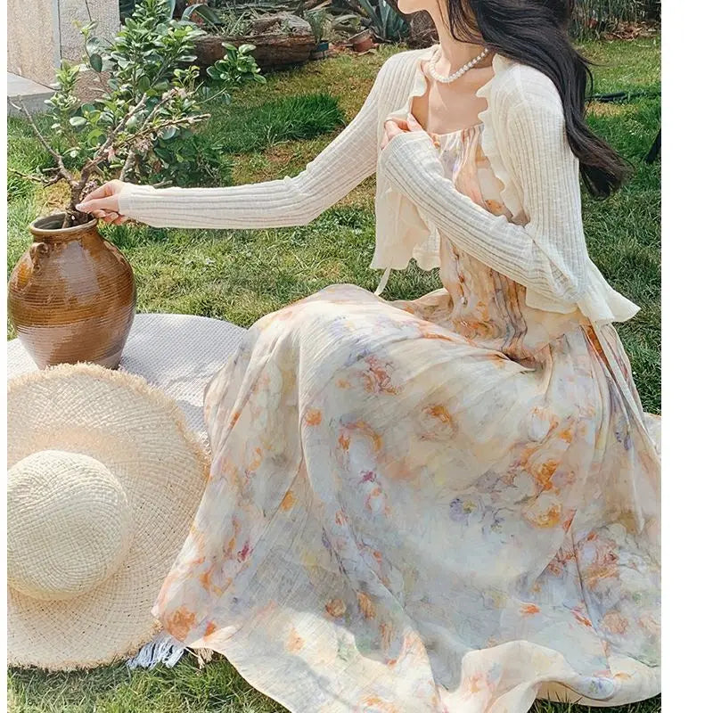 vmtvr Vintage Floral Two-piece Dress Women Chiffon Korean Elegant Long Strap Dress Female Summer Casual Beach Evening Party Dress