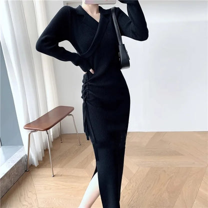 vmtvr Woman Knitted Long Dress Autumn Winter New Sexy Lapel Elegant Commuter Drawstring Waist Slim Bottom Dress Women's Clothing