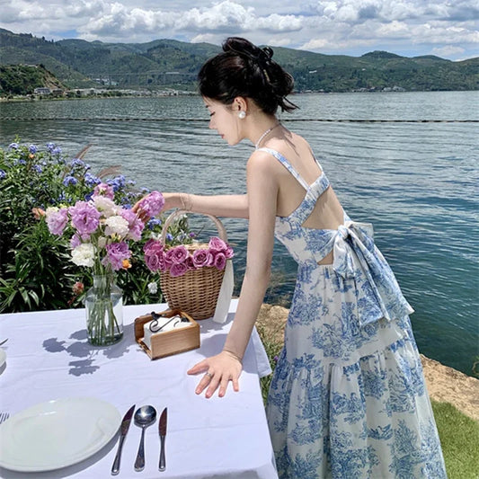 vmtvr NEW Women Chinese Blue Floral Slip Dress Summer 2024 Bow Tie Elegant Casual Straps Dress Vacation Party Long Runway Vestidos