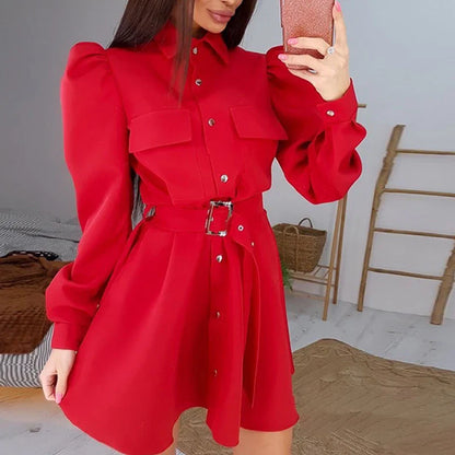 vmtvr Vintage Loose Women Solid Dresses Female Lapel Collar Puff Long Sleeve A-line Dress Fall Winter Loose Button Tie-up Mini Dress