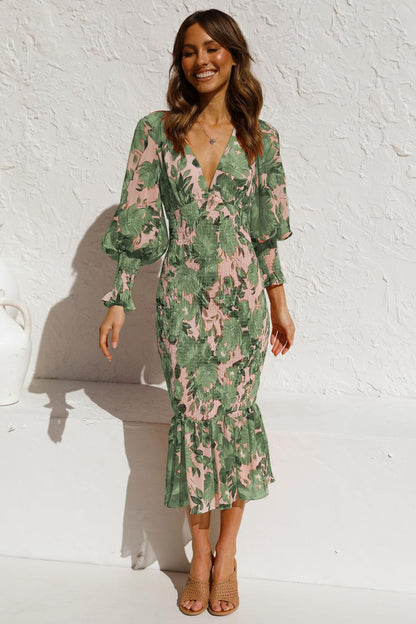 vmtvr - 2023 Spring Midi Dress V-neck Long Sleeve Ruffled Trumpet Dress Floral Printed Boho Vestido Feminino Cotton Mermaid Dress