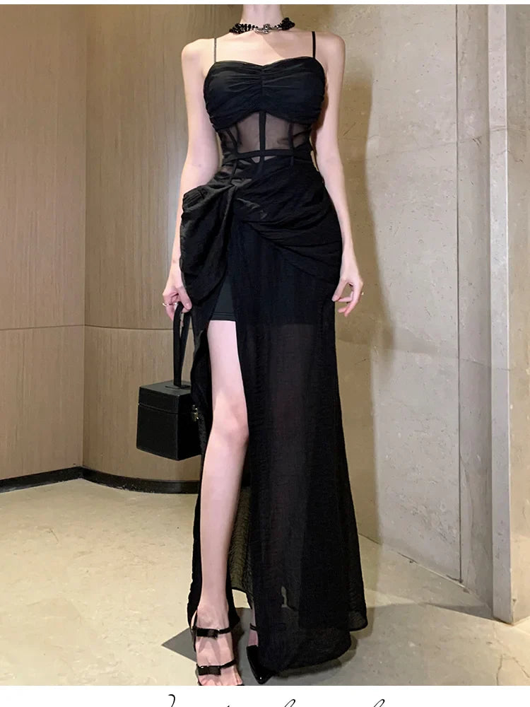 vmtvr  -  Elegant Black Long Dresses for Women Summer New French Sexy Fashion Sleeveless Split Birthday Evening Party Female Clothing