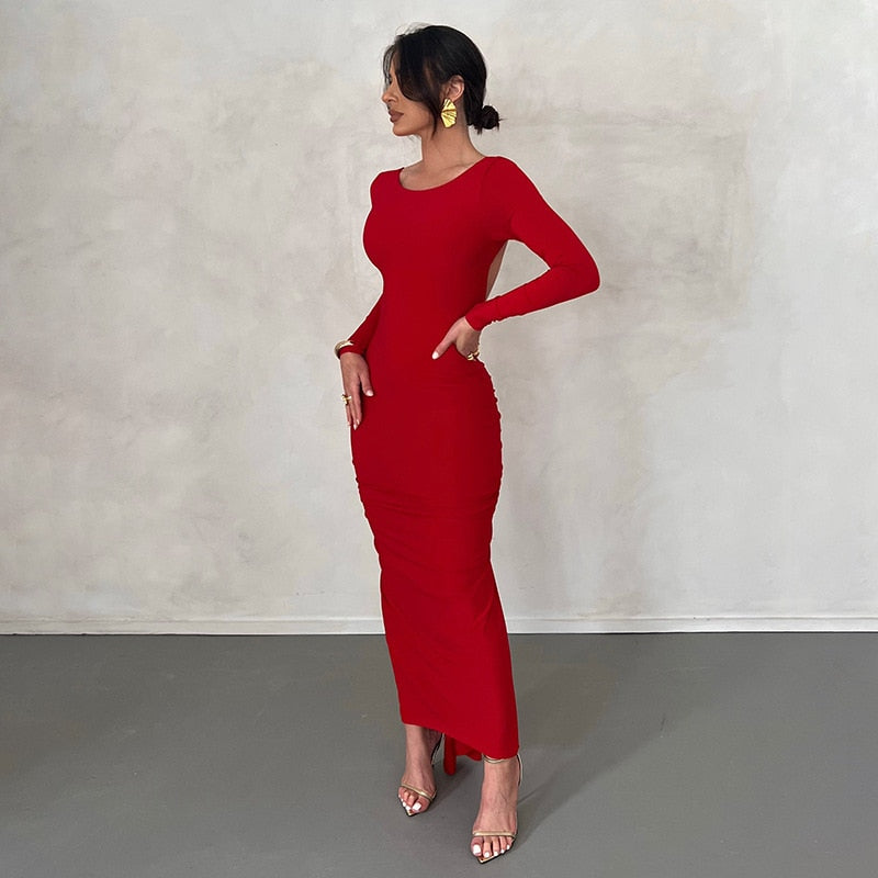 vmtvr Backless Maxi Dress Elegant Red Long Sleeve Sexy Ruched Bodyocn Evening Party Dress for Women 2023 Spring Slim Christmas Outfits