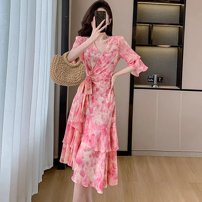 vmtvr Women Boho Print Mesh Casual Festival Long Dress Summer Elegant Chic Ruffled Bandage Dress 2024 Korean Vintage Luxury Prom Dress