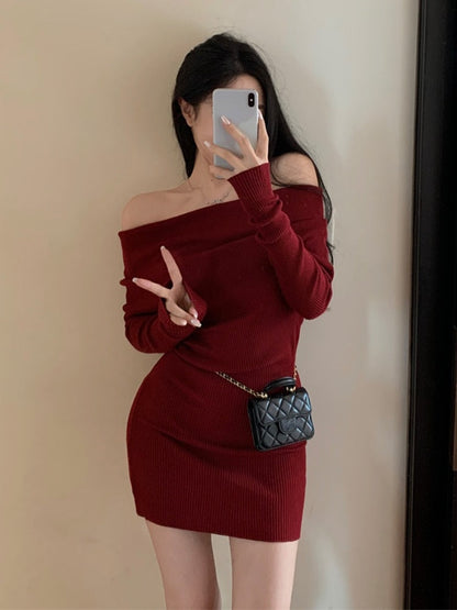 Red Winter Vintage Knitted Dress Women Sexy Bodycon Elegant Party Mini Dress Female Off Shoulder Chic Korean Fashion Dress