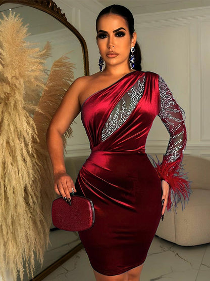 Women Velvet Sexy Feather One Shoulder Mini Dress 2023 Long Sleeve Backless Elegant Gown Female Rhinestone Evening Dresses