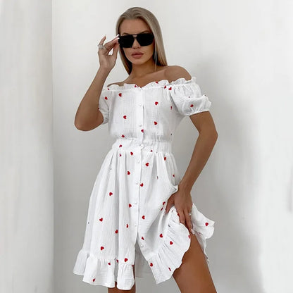 vmtvr  -  Original Crepe Cotton Hemp Love Printed Dress Spring and Summer Women's Slash Neck Bubble Sleeves Leisure Vacation Beach Dress