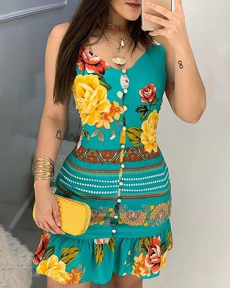 Women Tropical Print  Sleeveless Casual Dress Casual Mini Dress Vacation Fmmle  Dress