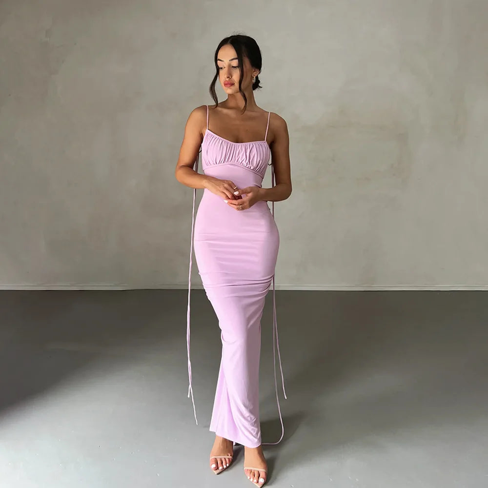 vmtvr Spaghetti Strap Sexy Backless Maxi Dress Outfits Women Elegant Birthday Vestido Summer Club Party Ruched Dresses