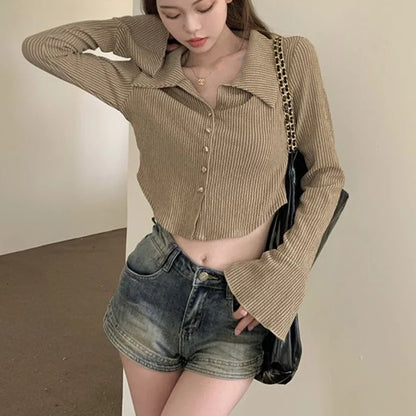 vmtvr Harajuku Striped Women Shirts Korean Fashion Flare Sleeve Sexy Cropped Tops Summer All Match Female Streetwear Slim Shirts