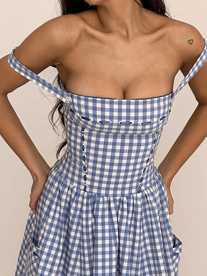 vmtvr  -  French Chic Plaid Maxi Dresse Blue Strappy Backless Pocket Sexy Summer Party Women Vocation Casual Loose Ladies Dress