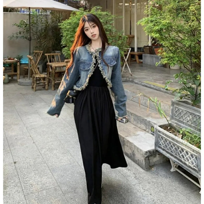 vmtvr  -  Women Cowboy Coat Burr Edge Tassels Short Spring Versatile High Waisted Tops Dress Suit Coats