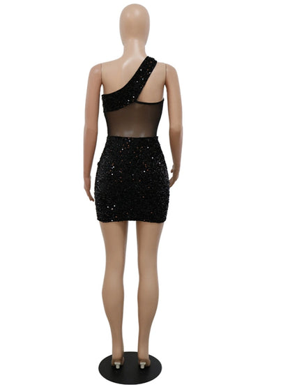 vmtvr Sexy Glitter Sequined Mesh Patchwork Mini Dress Summer Women Sleeveless One Shoulder Bodycon Night Clubwear Dress