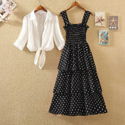 vmtvr Y2K Camis Dress White Shirt 2 Piece Sets Summer Fashion Polka Dot Women Midi Dress Korean All Match Female Short Sleeve Shirts